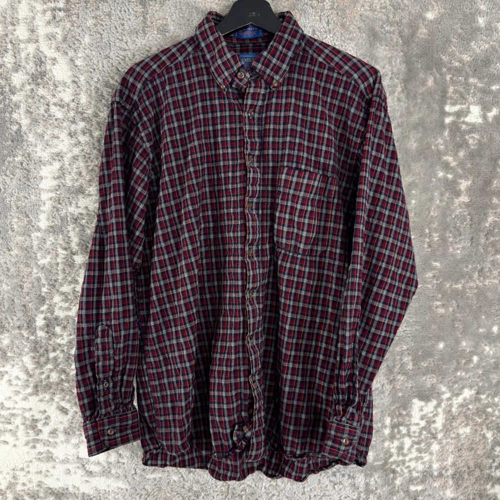 Pendleton Size XL Long Plaid Wool Button Down Shirt Red Navy Long Sleeve Men